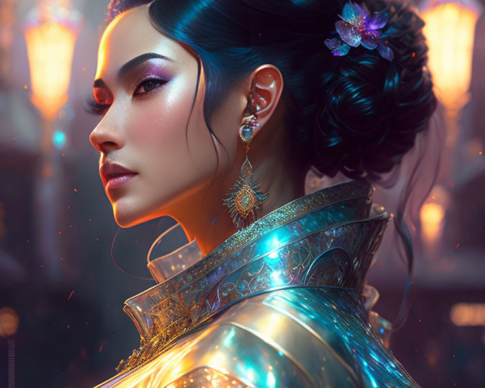 Elegant woman portrait in traditional attire with glowing lanterns