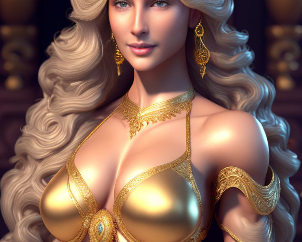 Blonde woman in ornate gold attire on dark backdrop