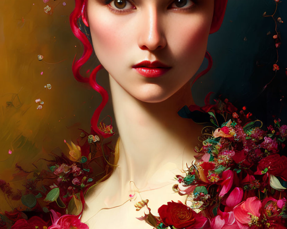 Vibrant pink hair portrait with floral updo on warm backdrop