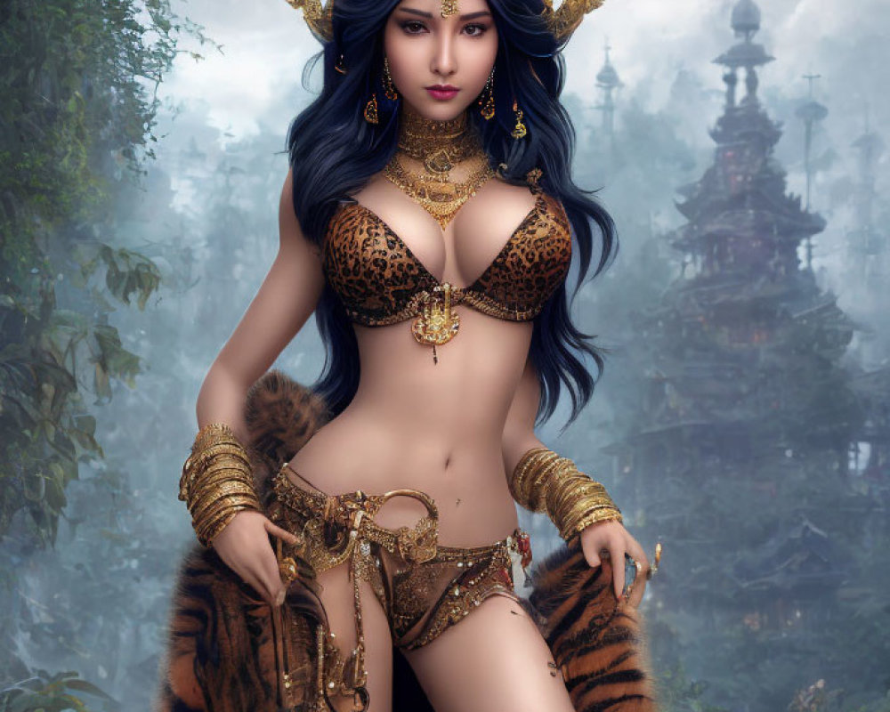 Fantasy female character with gold accessories and tiger-striped skirt in mystical setting