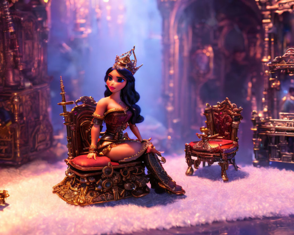 Fantasy Queen Doll on Majestic Throne Amid Purple Haze
