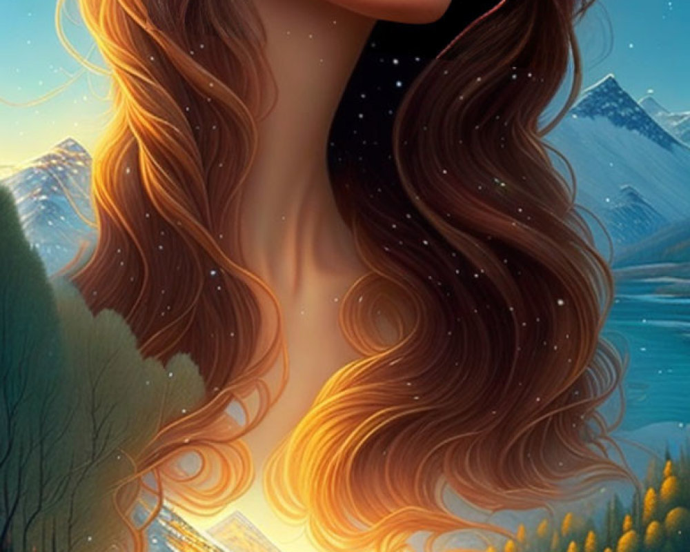 Digital artwork: Woman's profile merges with vibrant landscape, hair becomes mountains, river, sunset