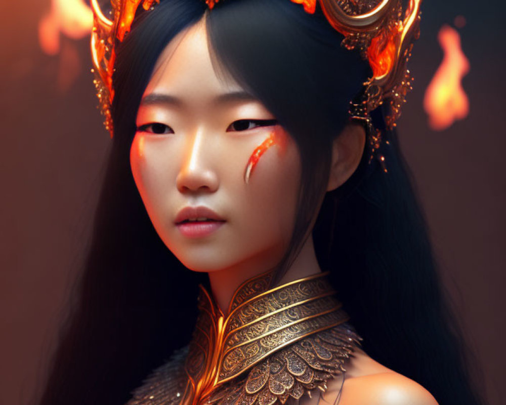 Woman in Flaming Crown and Gold Armor on Dark Background