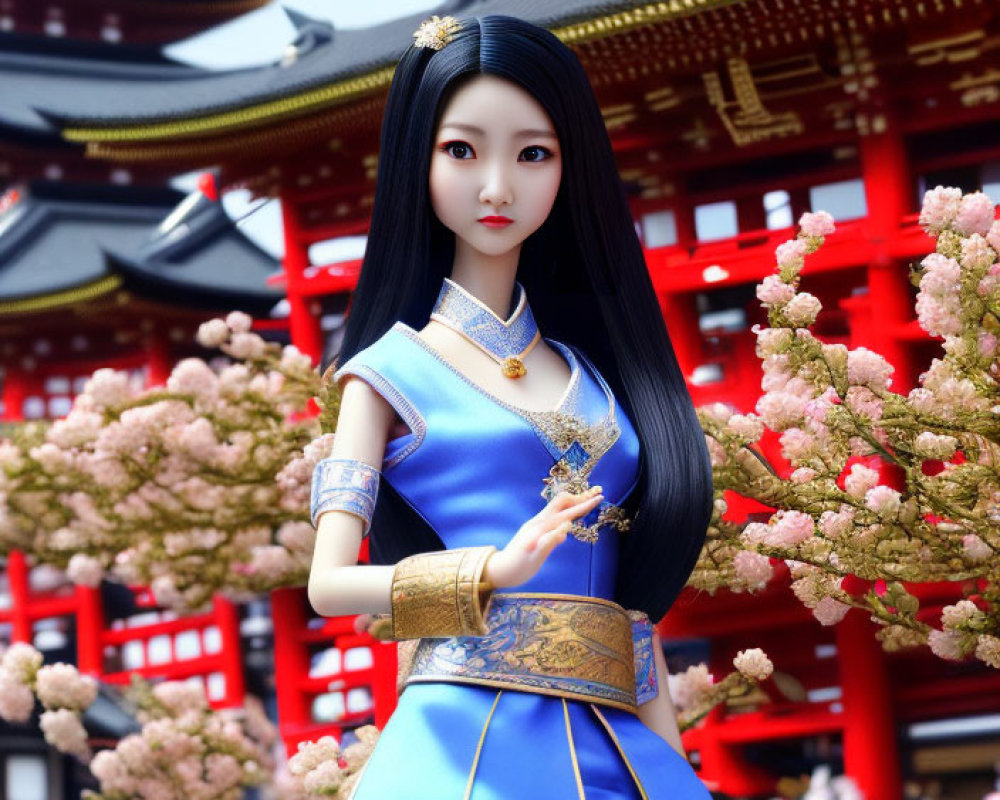 Digital rendering of female character in Asian-inspired outfit with pagoda background