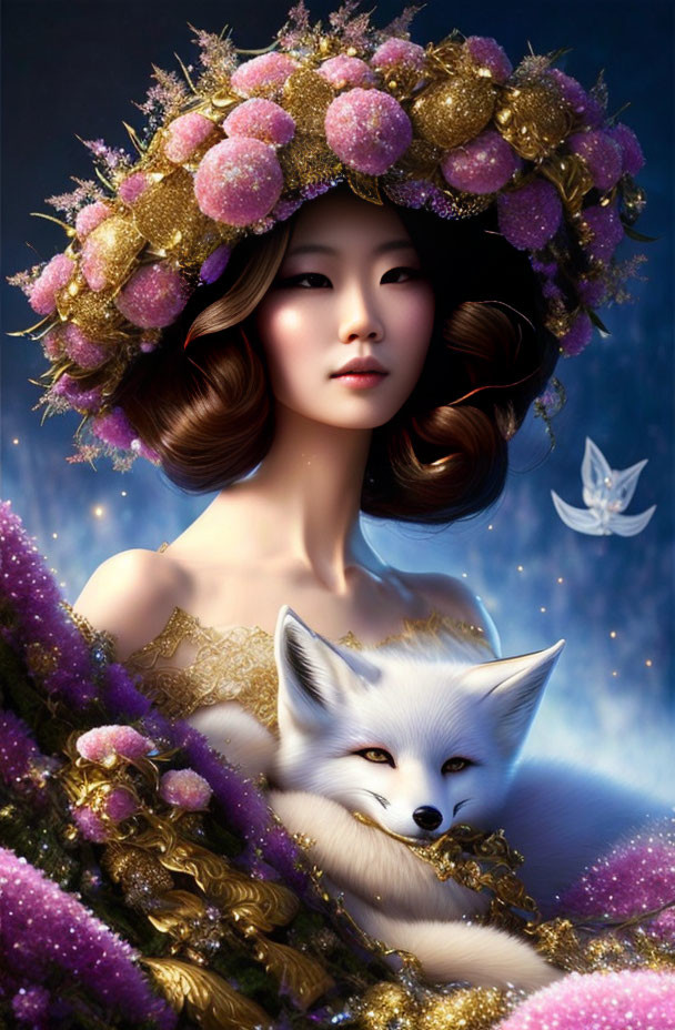 Woman with Floral Crown and White Fox in Mystical Setting