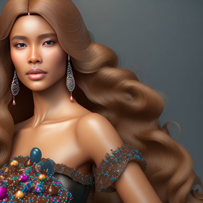 Digital Artwork: Woman with Voluminous Wavy Hair and Striking Makeup
