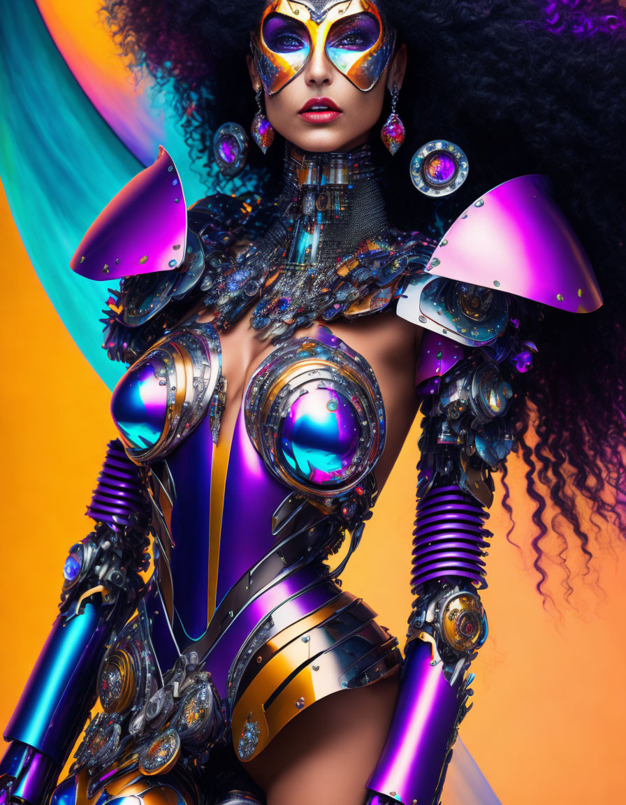 Colorful portrait of a person in futuristic metallic armor with intricate designs against a vibrant background
