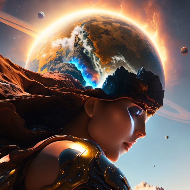 Futuristic space-themed image of woman with cosmic landscape and planets reflected on helmet
