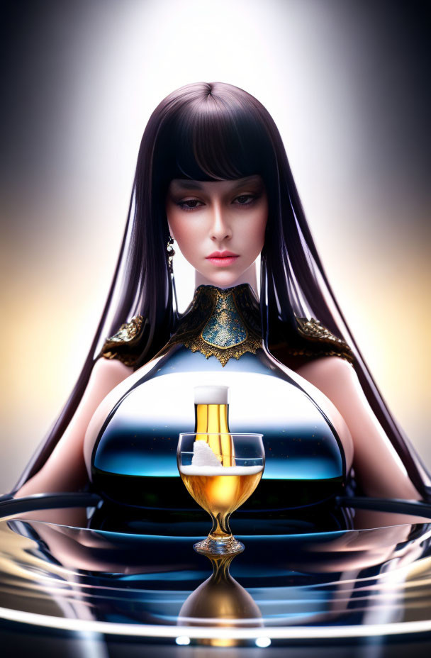 Digital portrait of a woman with black hair and elaborate collar in surreal glassy landscape