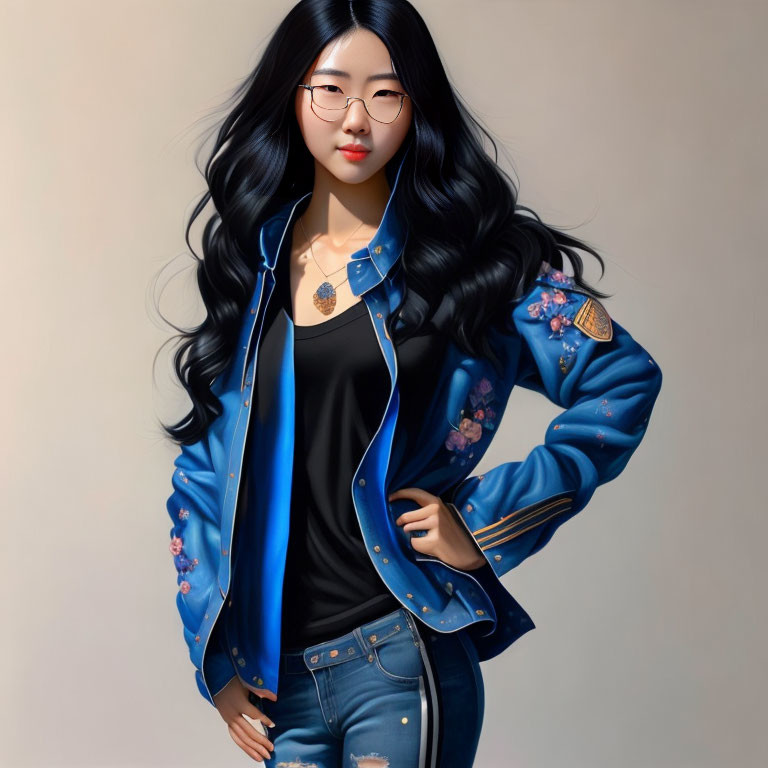 Digital illustration of woman with long black hair, glasses, blue floral jacket, jeans