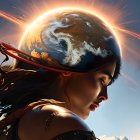 Futuristic space-themed image of woman with cosmic landscape and planets reflected on helmet