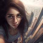 Asian woman digital portrait with futuristic cityscape and soft lighting