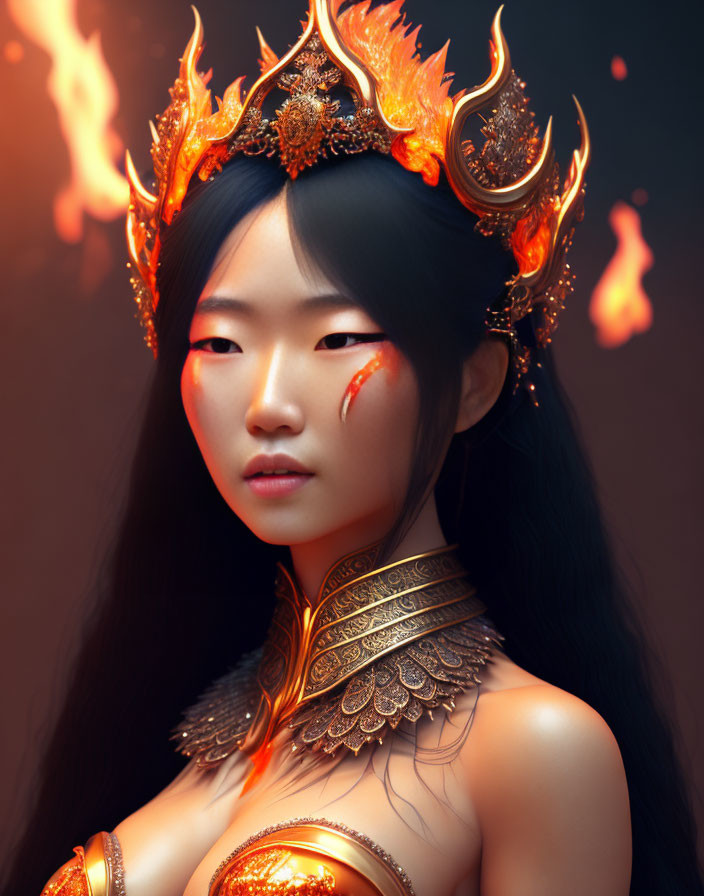 Woman in Flaming Crown and Gold Armor on Dark Background