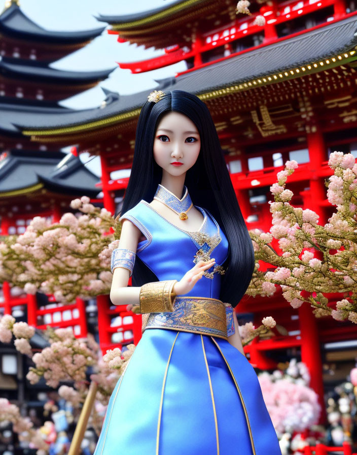 Digital rendering of female character in Asian-inspired outfit with pagoda background