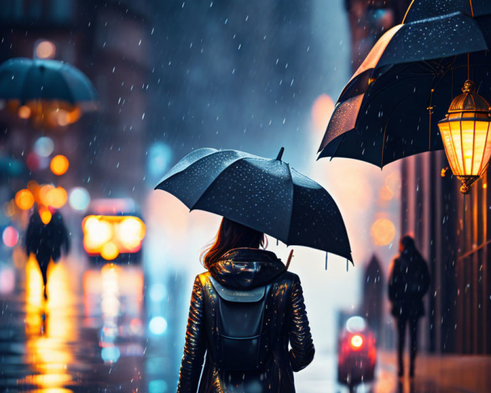 Person with umbrella walks rainy city street at night with glowing lights.