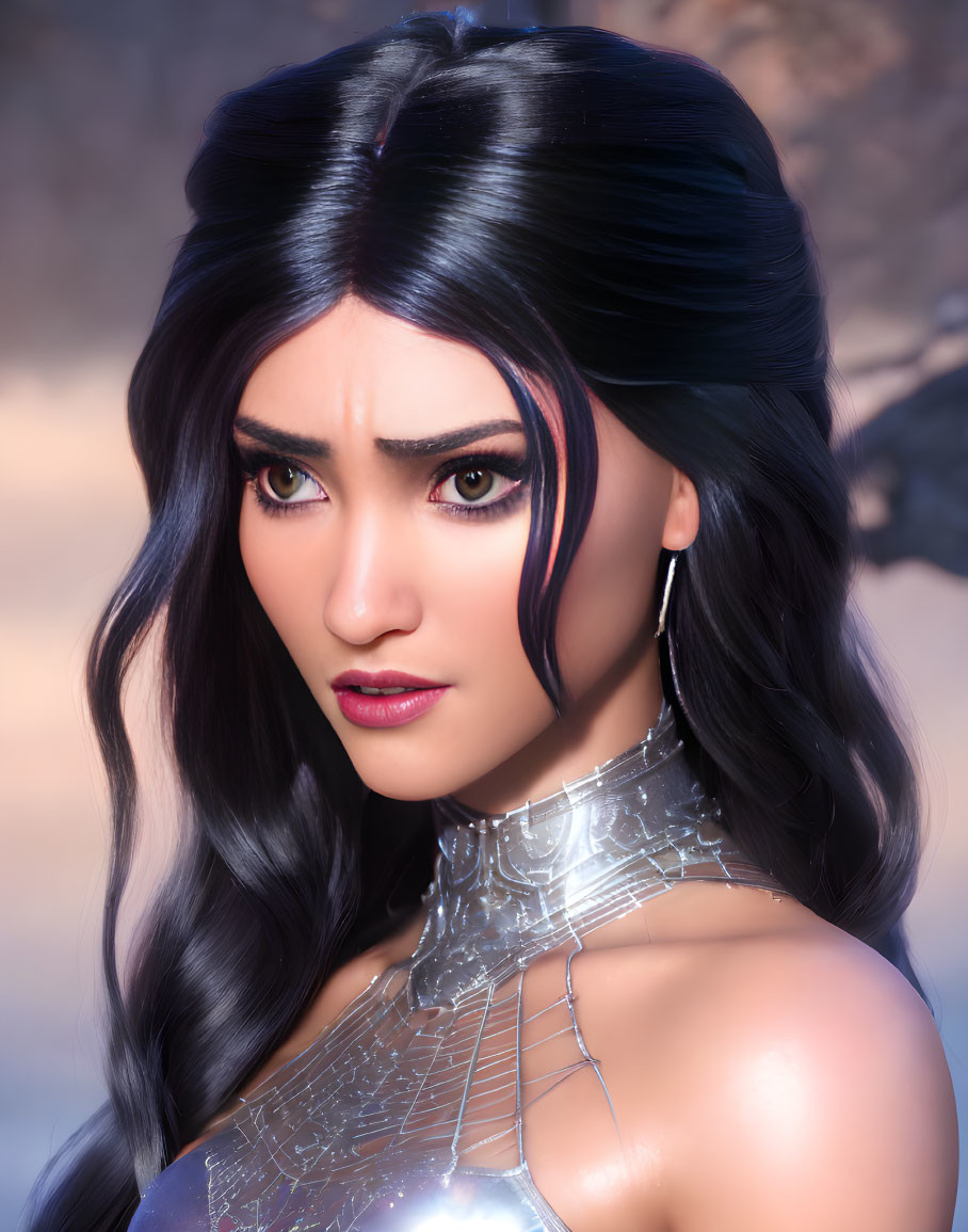 Digital portrait of woman with striking makeup, expressive eyes, black hair, sci-fi outfit