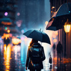 Person with umbrella walks rainy city street at night with glowing lights.