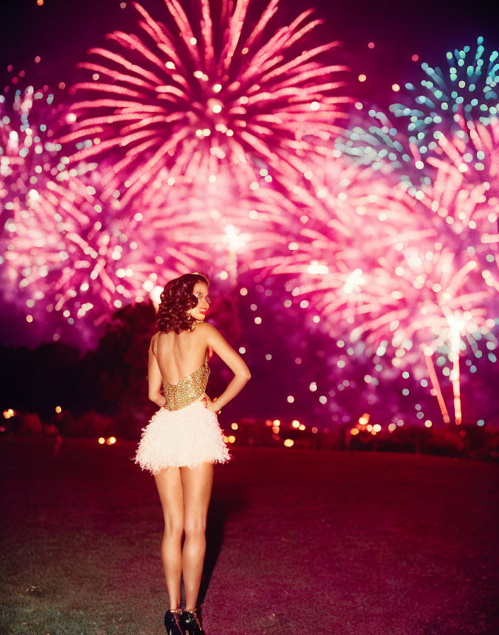 Woman in Sequined Top Watching Night Fireworks Display