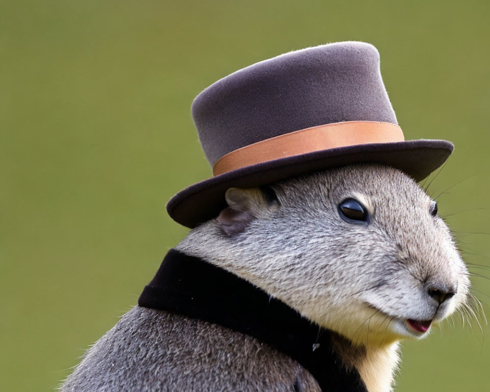Groundhog in Brown Top Hat and Black Ribbon Collar on Green Background
