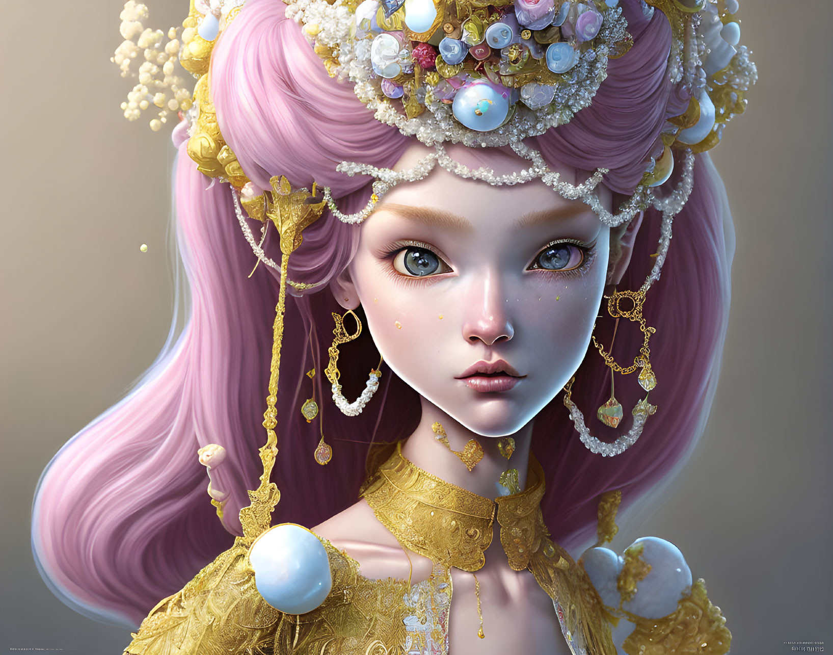 Fantasy digital art: Female character with pink hair, gold jewelry, and blue eyes
