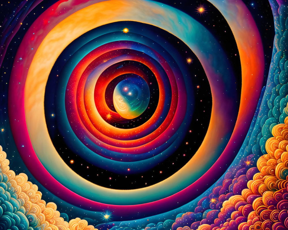 Colorful Psychedelic Digital Artwork: Swirling Vortex in Space