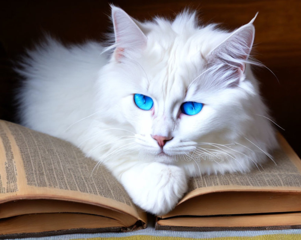 White Cat with Blue Eyes Resting on Open Book: Calm and Studious Vibes