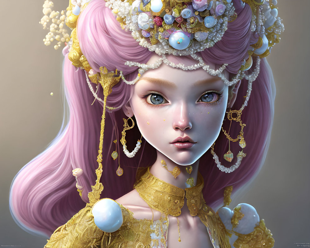 Fantasy digital art: Female character with pink hair, gold jewelry, and blue eyes