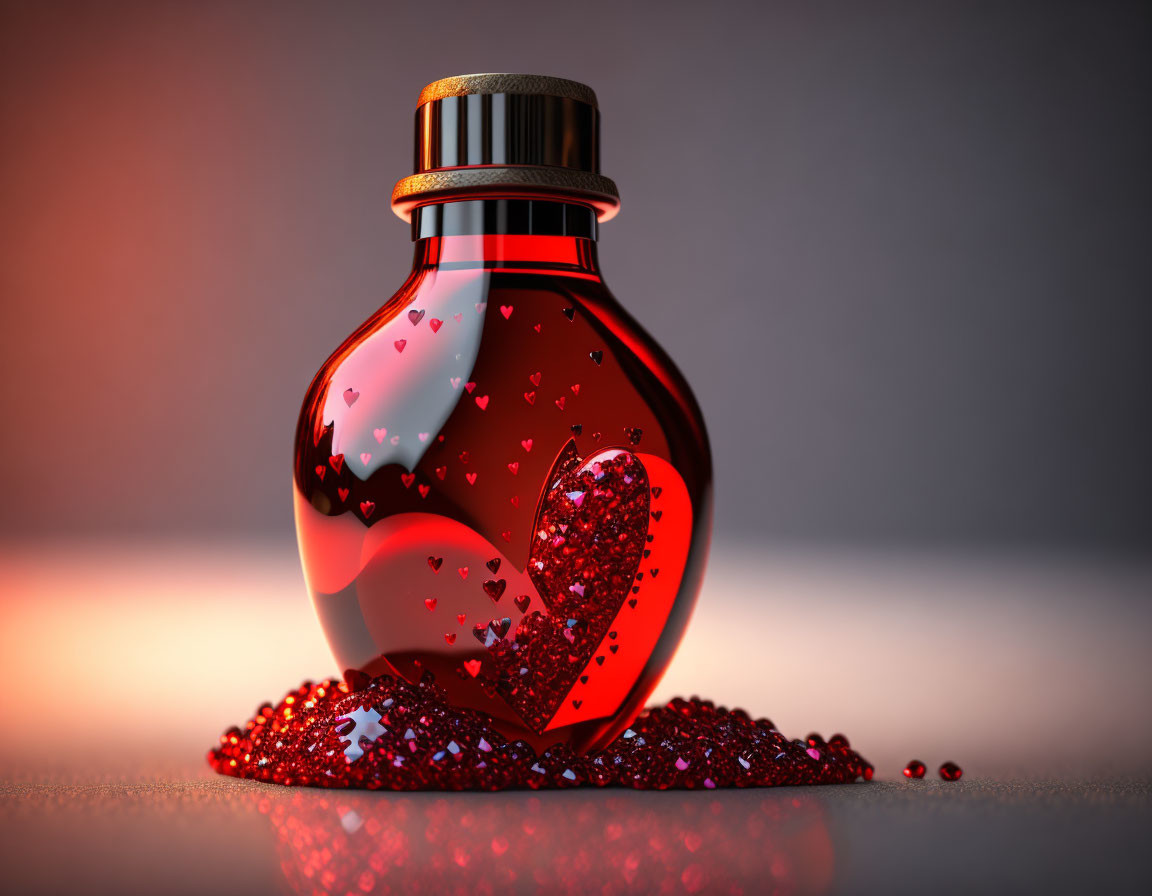 Heart-shaped bottle with red liquid, metallic cap, and small hearts on soft-focus background