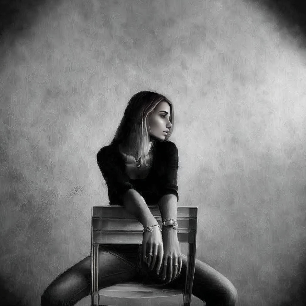 Monochrome portrait of contemplative woman in chair against textured backdrop