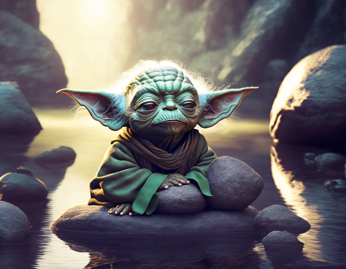 Tranquil Yoda in Rocky Stream with Golden Light