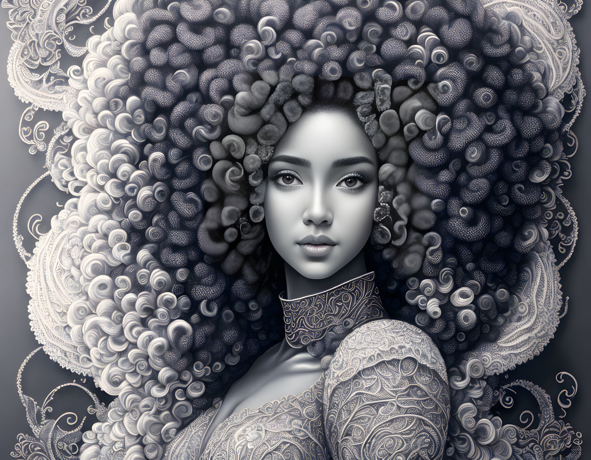 Monochrome artwork of woman with ocean life patterns in hair
