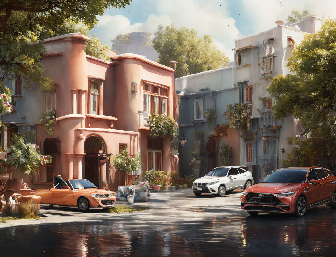 Charming street scene with vintage buildings, modern cars, and greenery under a sunny sky