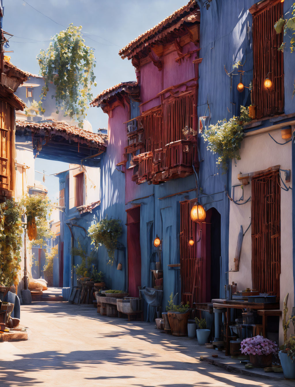 Vibrant blue and pink buildings on picturesque street with hanging lanterns and lush greenery