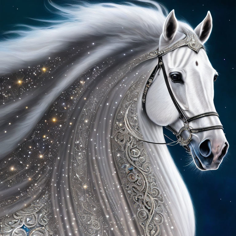 White horse with starry mane and ornate bridle under night sky