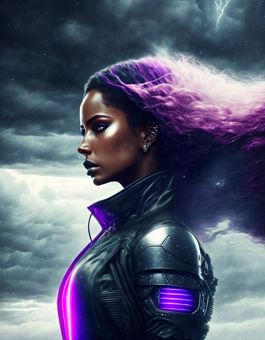 Digital Artwork: Woman with Purple Hair in Futuristic Armor under Stormy Sky