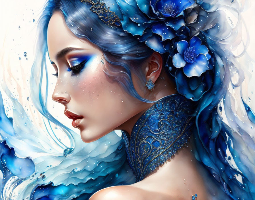 Detailed digital painting of a woman with blue flowers and jewelry