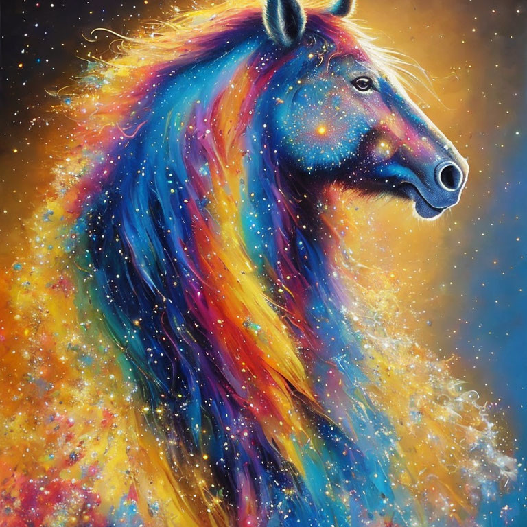 Colorful Cosmic Horse Painting on Starry Nebula Background