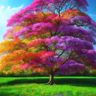 Colorful gradient tree against blue sky and green field.