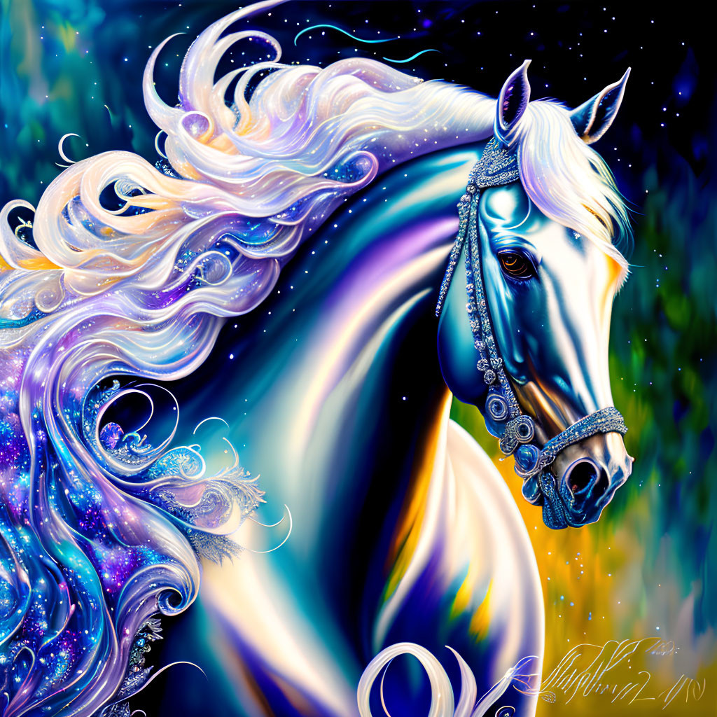 White horse with cosmic mane and jeweled headpiece on starry background