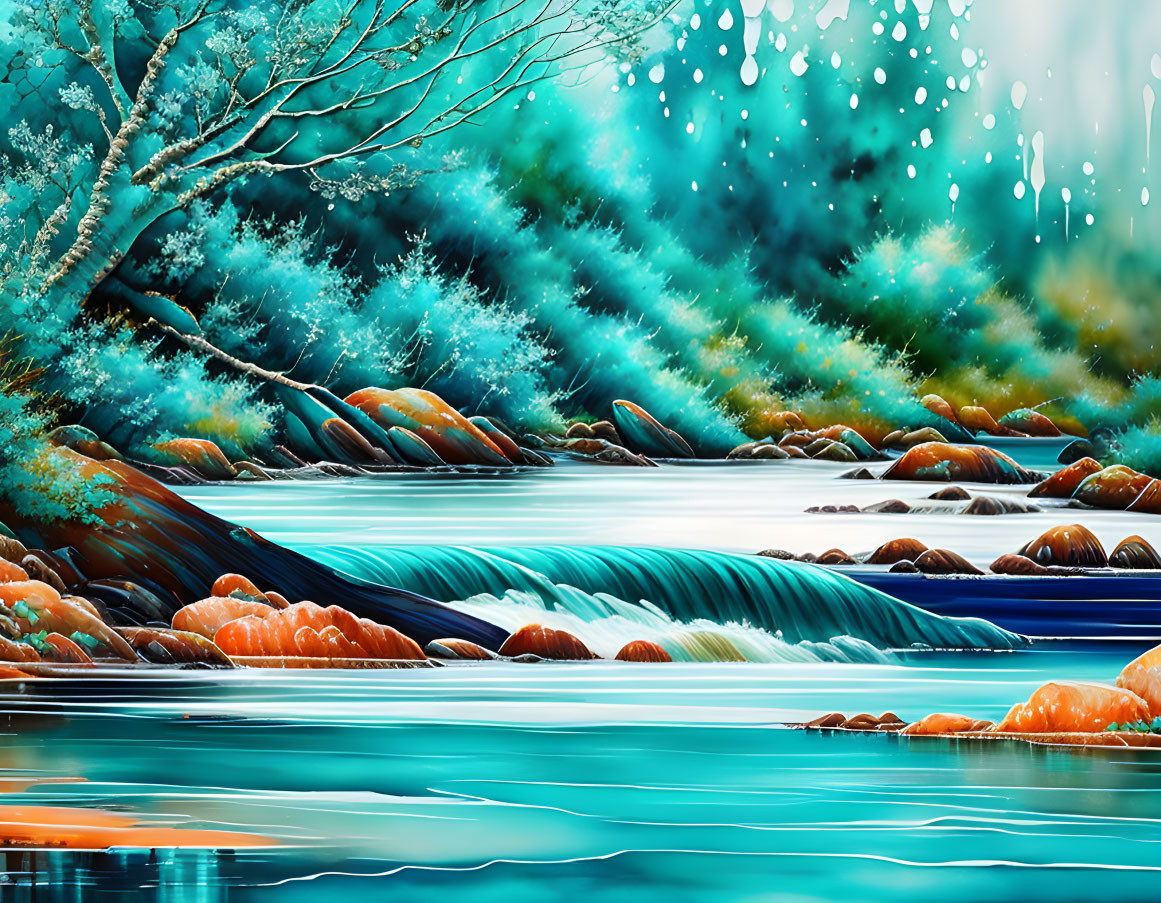 Serene River Scene with Cascades and Blue Foliage