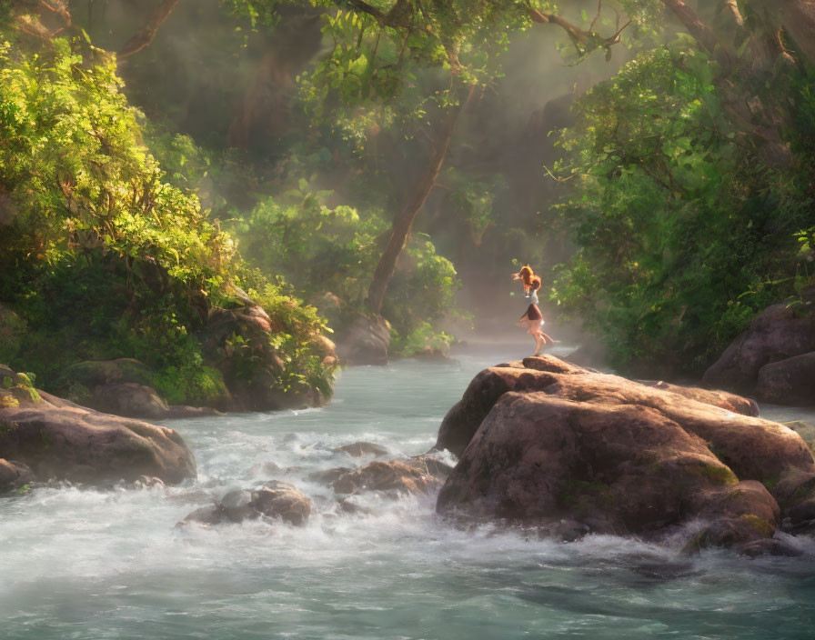 Person standing on rock in flowing river surrounded by lush greenery