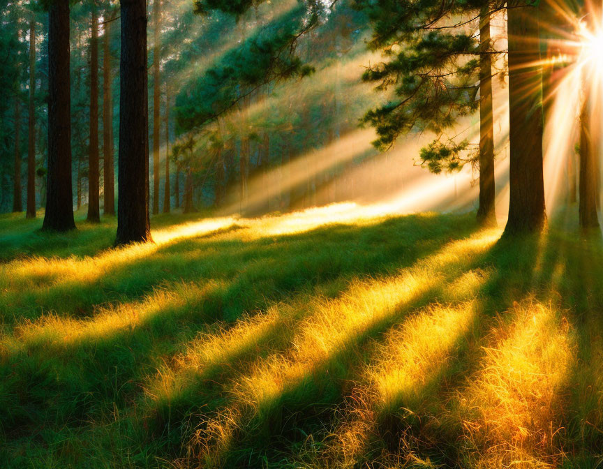 Sunbeams through tall pine trees casting shadows at sunrise or sunset
