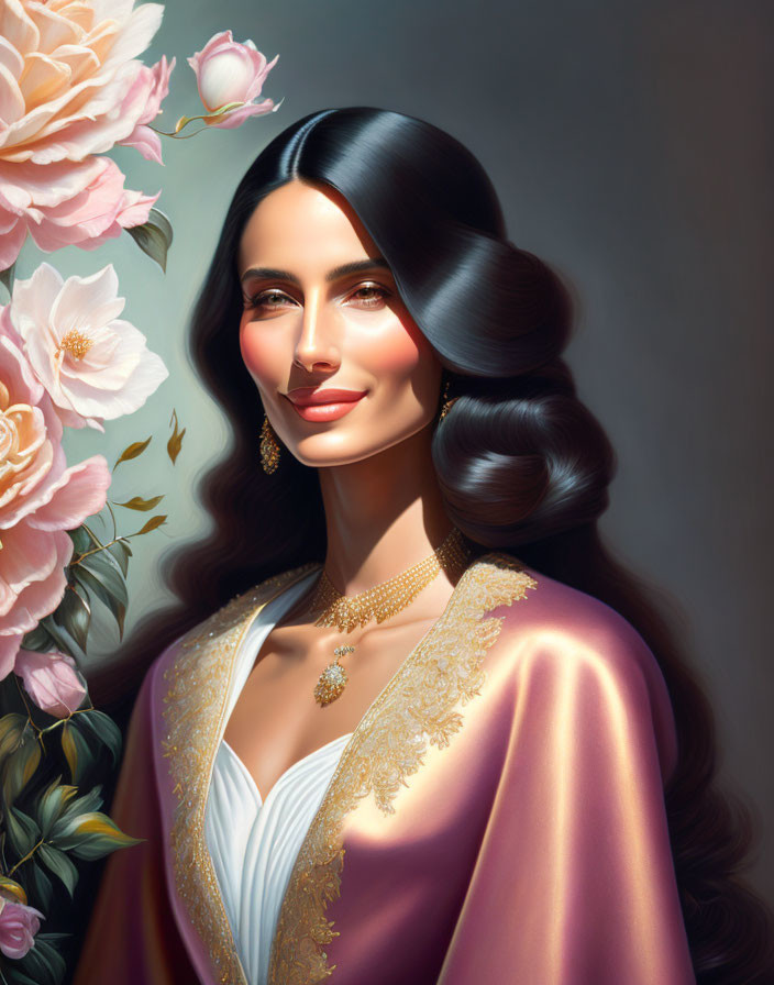 Digital portrait of woman with dark hair, serene smile, golden jewelry, pink satin outfit, and pale