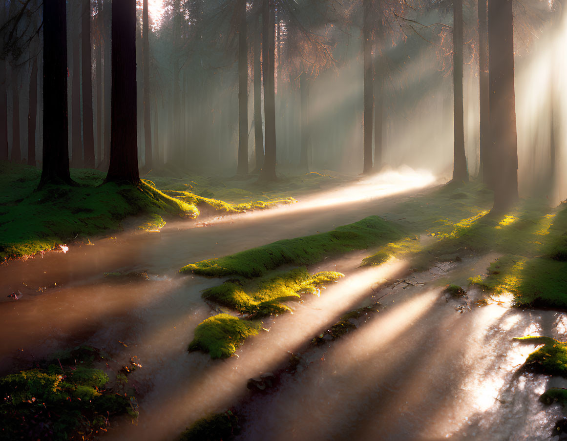 Misty forest with sunbeams on mossy ground and wet path