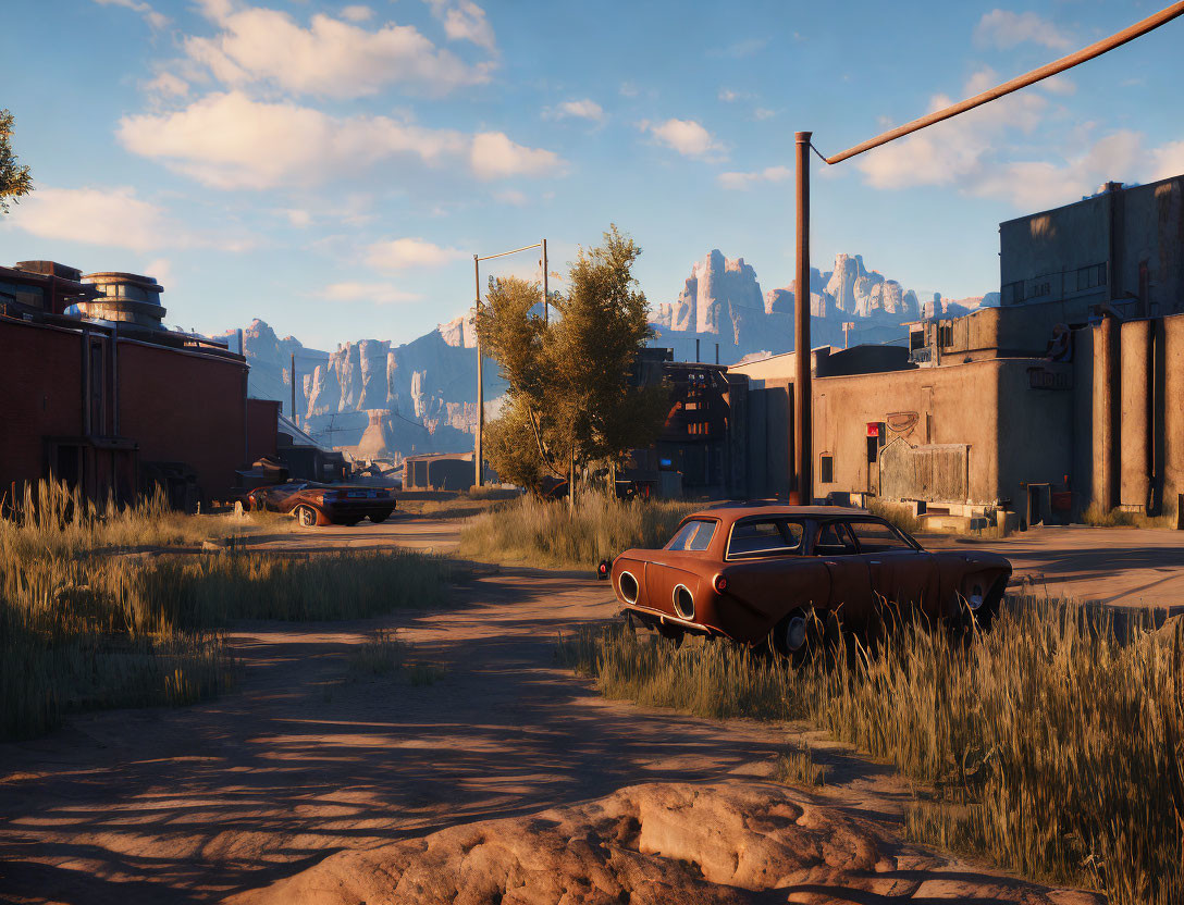 Deserted street with vintage cars, overgrown grass, and abandoned buildings nestled by majestic mountains.