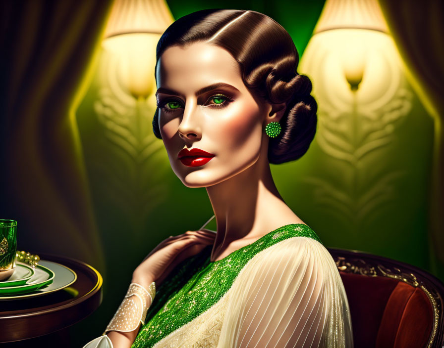 Vintage-style illustration of glamorous woman in green dress with elegant hairstyle and pearls at table with drink.