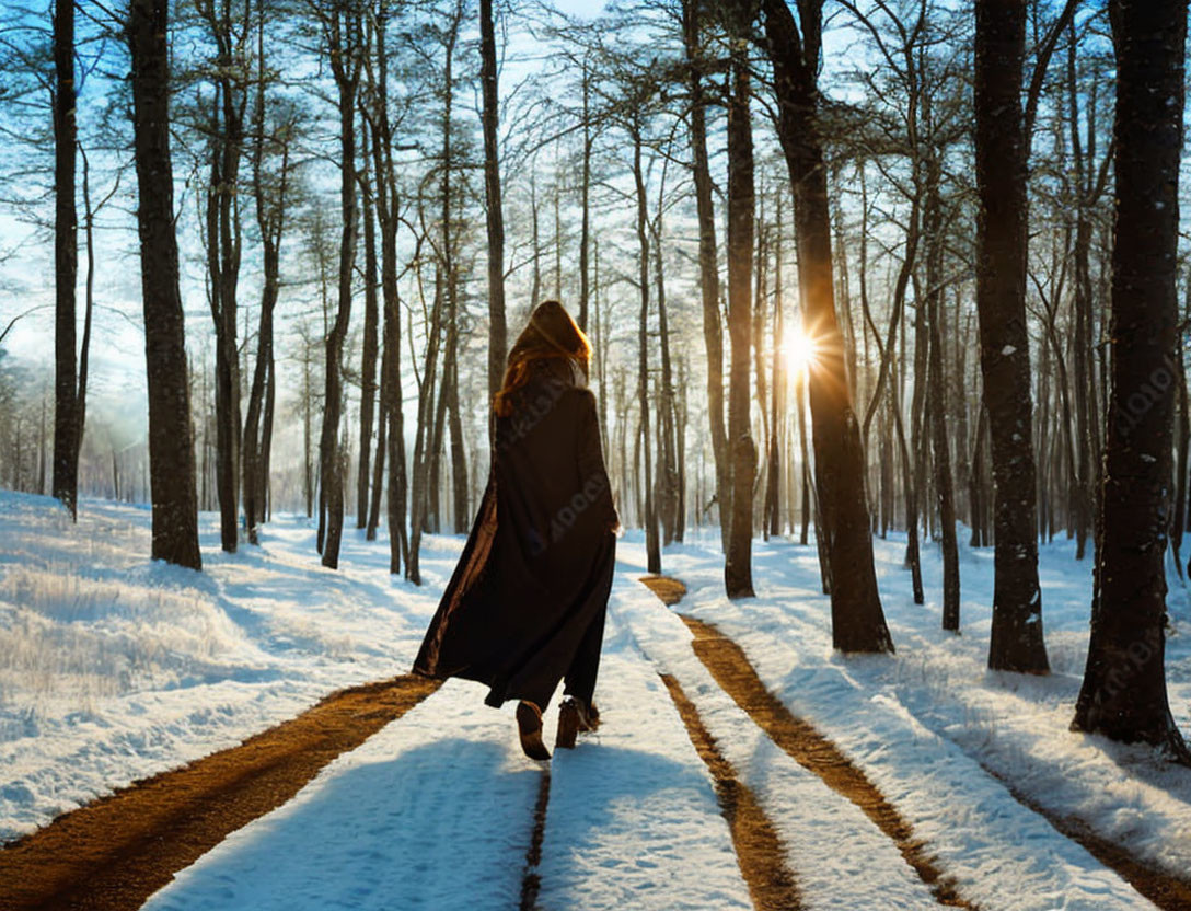 Solitary figure in cloak walking snowy forest path at sunset