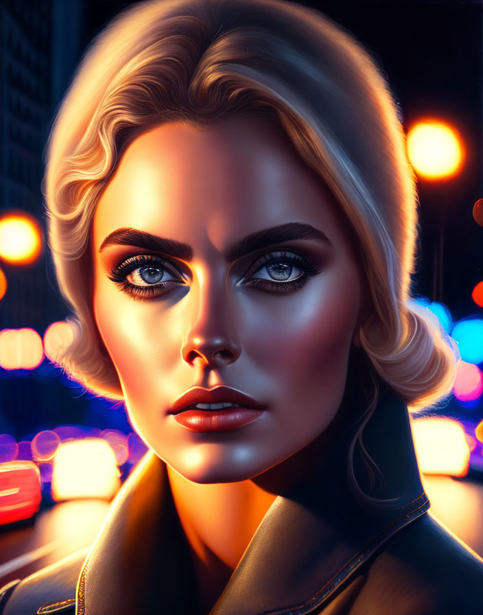 Blonde Woman with Blue Eyes in City Nightscape
