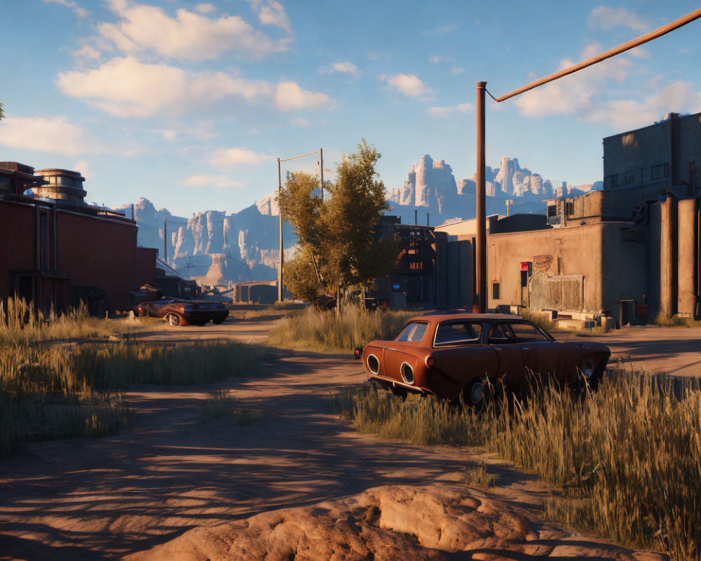 Deserted street with vintage cars, overgrown grass, and abandoned buildings nestled by majestic mountains.