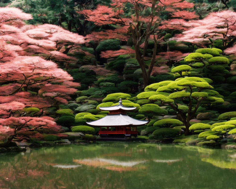 Tranquil Japanese garden with pink cherry blossoms, green bushes, and red-roofed pav